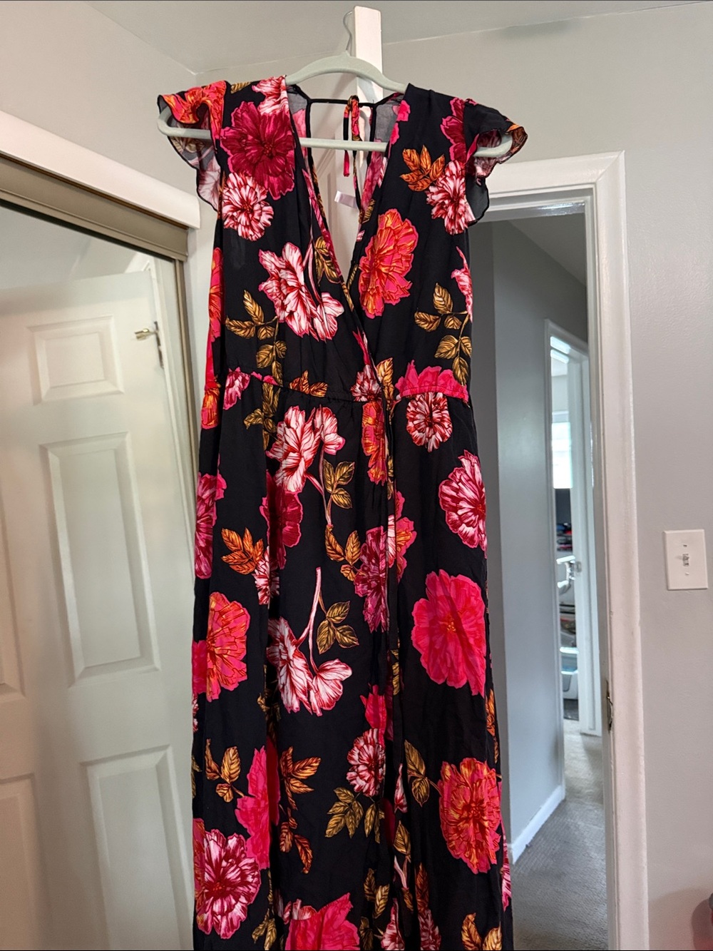 Women's Black Floral Maxi Dress with Pink & Red Blooms